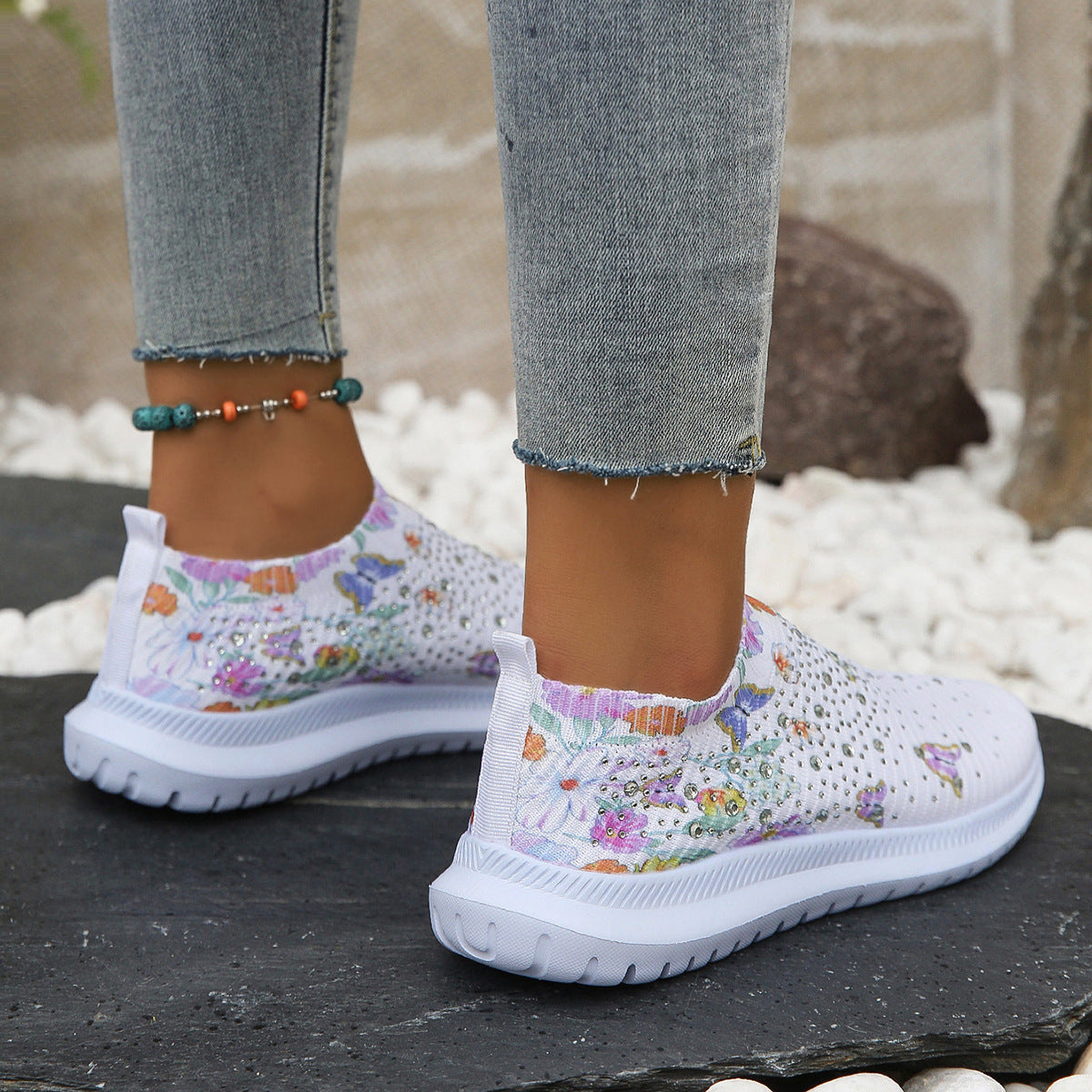 Large Size Printed Rhinestone Low Top Women's Breathable Flyknit Mesh Shoes